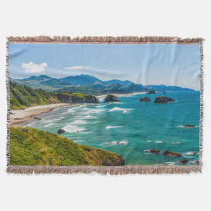 Ecola State Park, Oregon. Panorama of Crescent Throw Blanket