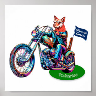 EcoMarlee mascot riding motorbike with flag Poster