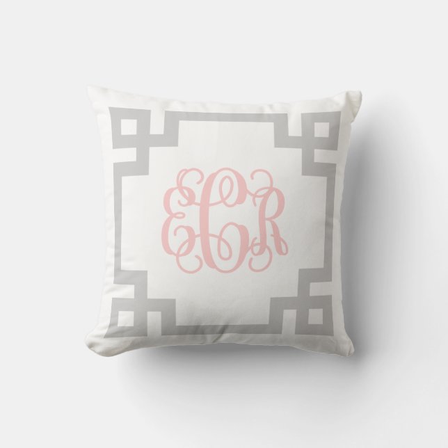 ECR Grey and Pink Greek Key Script Monogram Cushion (Front)