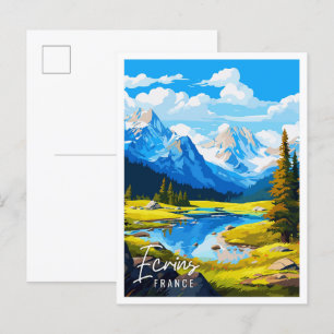 Ecrins France vintage travel illustration Postcard