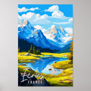 Ecrins France vintage travel illustration Poster