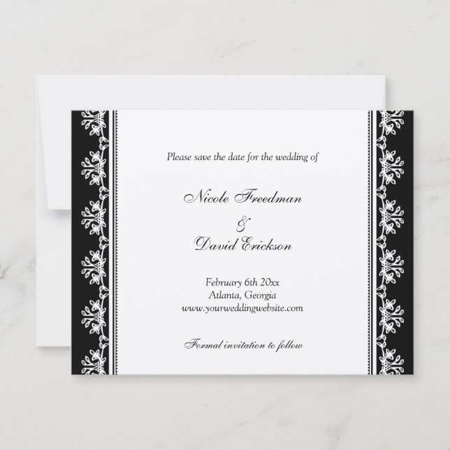 Ecru black filigree border wedding announcement (Front)