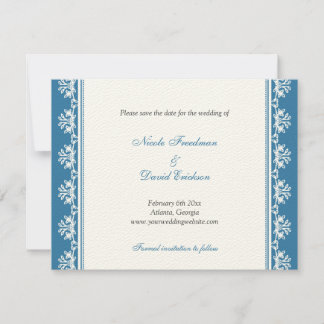 Ecru blue filigree border wedding announcement