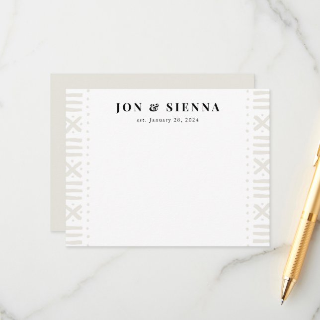 Ecru Boho Mudcloth Border Couple's Stationery Enclosure Card (Front/Back In Situ)