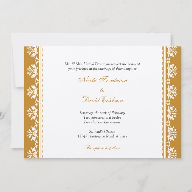 Ecru brown filigree beaded border custom wedding invitation (Front)