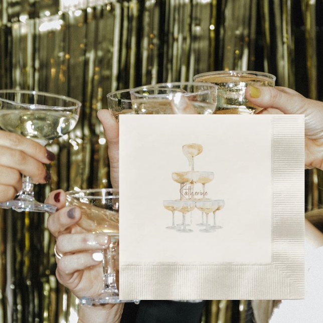 Ecru Champagne Tower Custom Name Coined Napkin (Creator Uploaded)