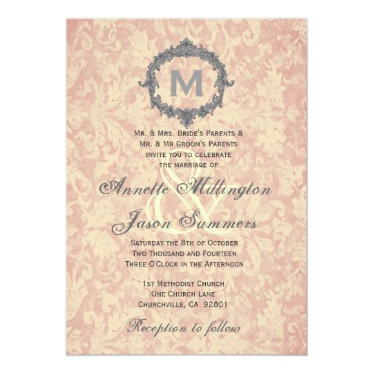 Ecru Damask Silver Vintage Frame Monogram Wedding Card