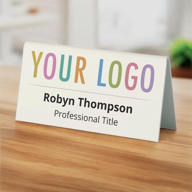 Ecru Double Sided Desk Name Plate Business Logo (Ecru (Light Beige) Name Plate Tent with Logo and Job Title Double-Sided)