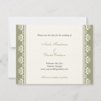 Ecru green filigree border wedding announcement