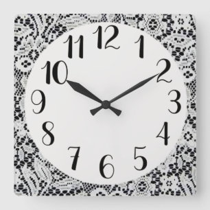 Ecru (Ivory) Lace on Black Square Wall Clock