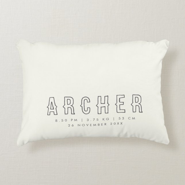 Ecru Minimalist Name  and Birth Stats Decorative Cushion (Front)