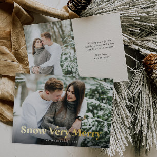 Ecru Snow Very Merry Two Photo Gold Foil Holiday Card