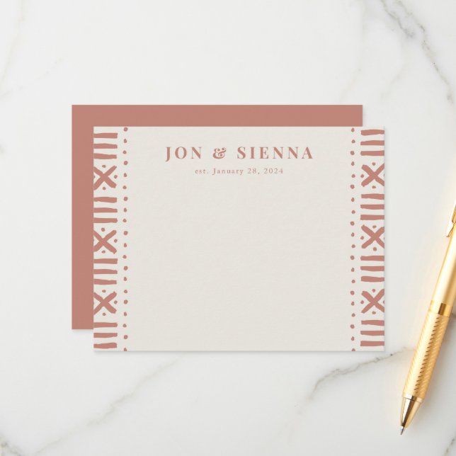 Ecru Terracotta Boho Mudcloth Border Couple's Enclosure Card (Front/Back In Situ)