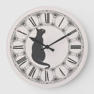 Ecru with Black Cat and Roman Numeral Face Large Clock