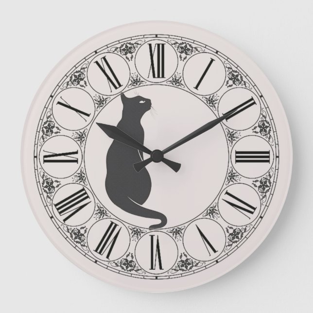 Ecru with Black Cat and Roman Numeral Face Large Clock (Front)