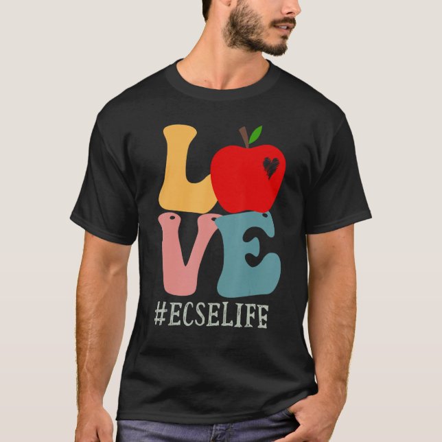 Ecse Love Apple Groovy Retro Cute Back To School T-Shirt (Front)
