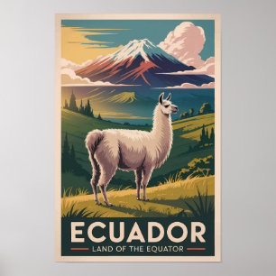 Ecuador Llama Illustration Travel Art Vintage Poster