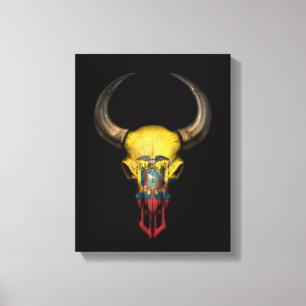Ecuadorian Flag Bull Skull on Black Canvas Print