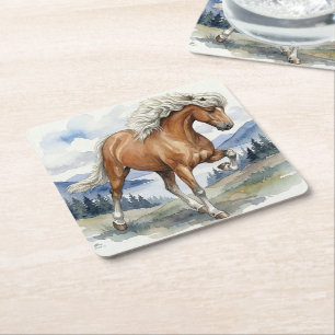Edda Silver bay Icelandic Horse in the Mountains Square Paper Coaster