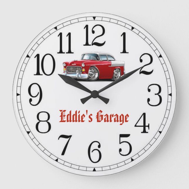 Eddie's Garage Red & White Classic Car Clock (Front)