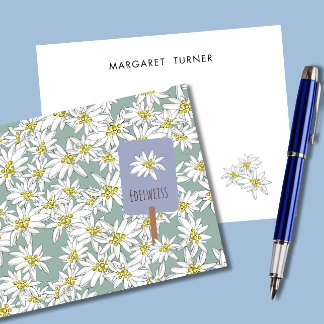 Edelweiss Alpine Wildflower Cute Boho Sage Green Thank You Card (This Edelweiss card is hand-illustrated with Alpine wildflowers and classic typography.)