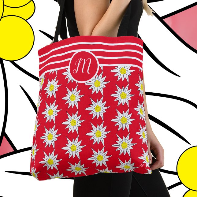 Edelweiss And Stripes Monogram Red Tote Bag (Creator Uploaded)