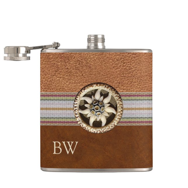 Edelweiss Flask on Leather Monogrammed (Opened)