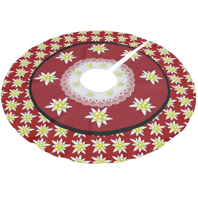 Edelweiss Floral Red Christmas Tree Skirt (Angled)