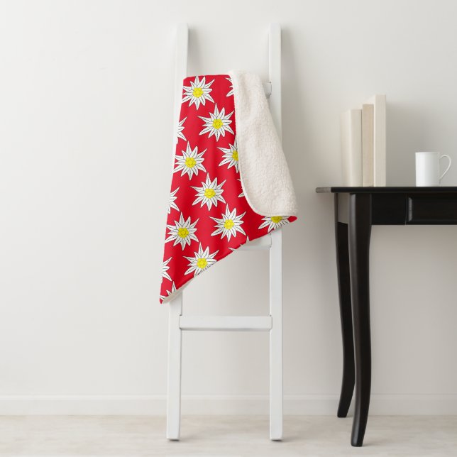 Edelweiss Flower Pattern Red Sherpa Blanket (In Situ)