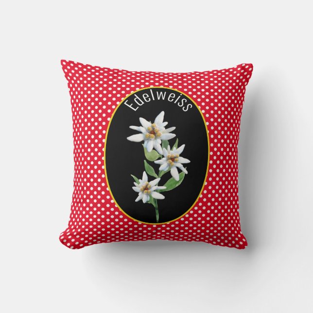 Edelweiss Flowers on Red and White Polka Dots Cushion (Front)