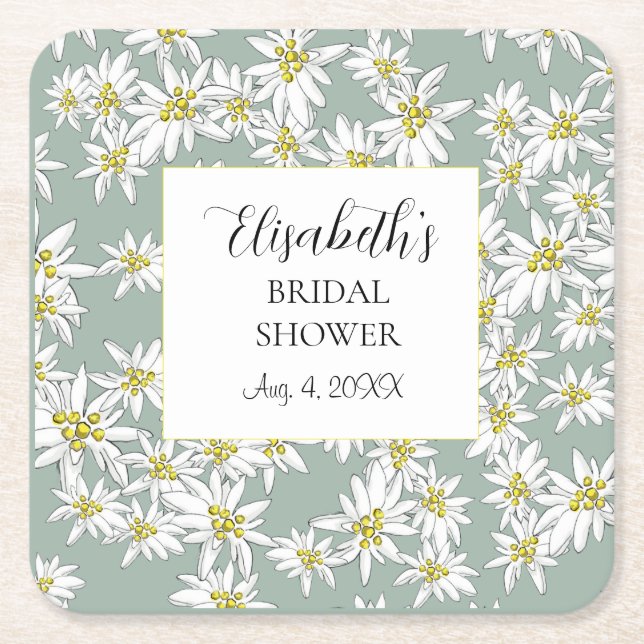 Edelweiss Hand-Illustrated Personalised Watercolor Square Paper Coaster (Front)