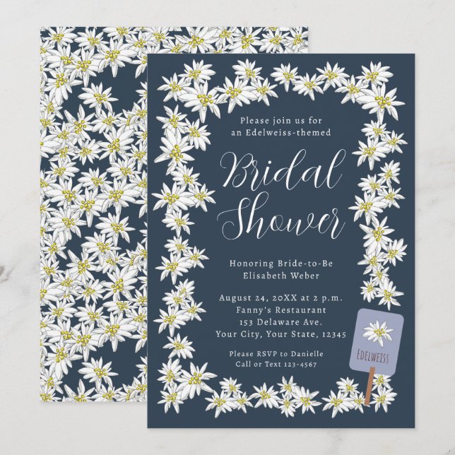 Edelweiss Navy Blue Wildflower Bridal Shower Invitation (Front/Back)