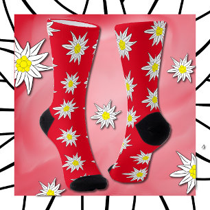 Edelweiss Pattern Floral Red Crew Socks