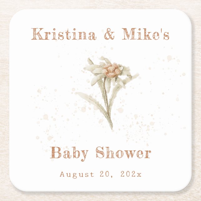 Edelweiss Wildflower Baby Shower Square Paper Coaster (Front)