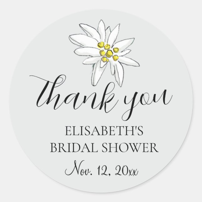 Edelweiss Wildflower Cute Bridal Shower Silver Classic Round Sticker (Front)
