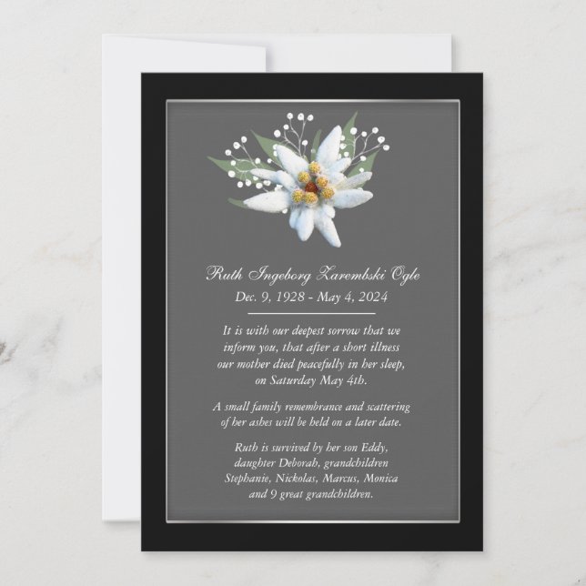 Edelwiess 2 European Style Death Announcement Card (Front)