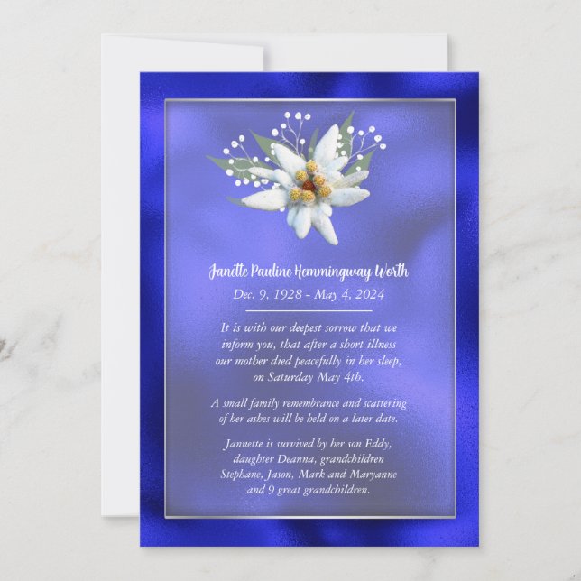 Edelwiess European Style Death Announcement Card (Front)