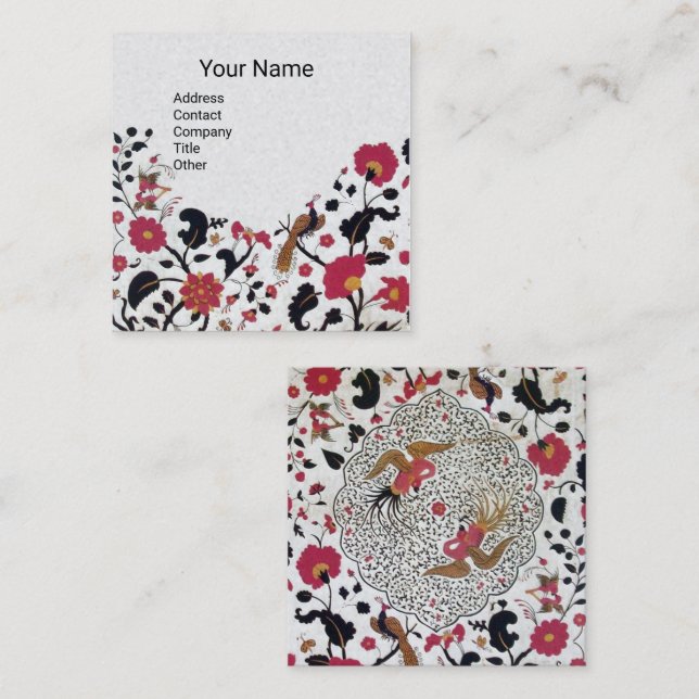EDEN,WHIMSICAL GARDEN Red Black White Floral Pearl Square Business Card (Front/Back)
