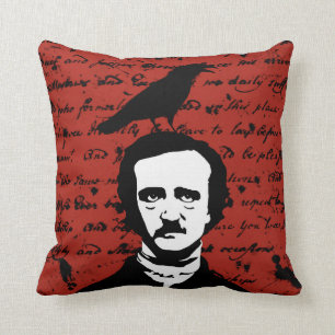 Edgar Allan Poe and Black Raven on Red Cushion