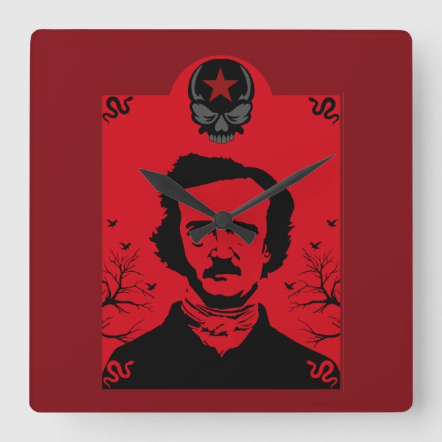 Edgar Allan Poe Black Raven Square Wall Clock (Front)