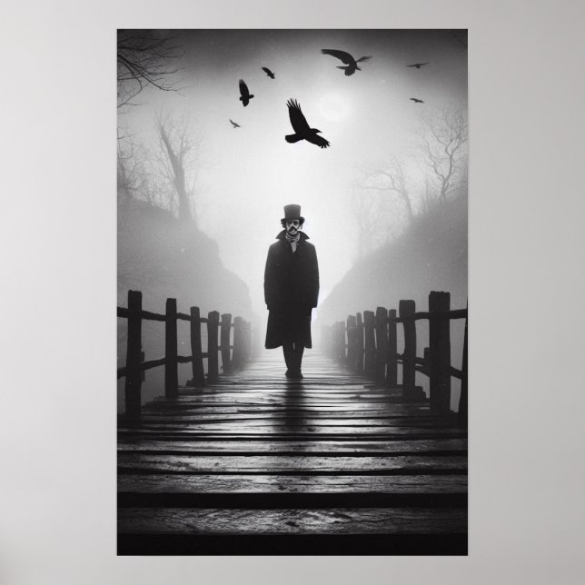 Edgar Allan Poe Poet Bridge Ravens Foggy Spooky Poster (Front)