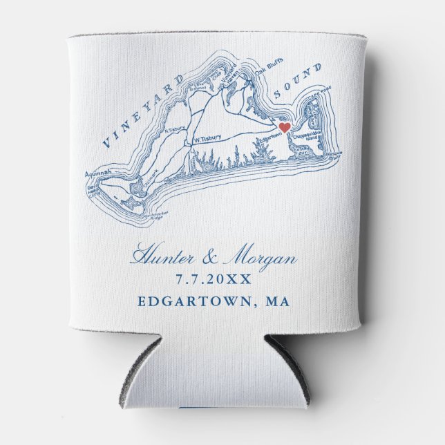 Edgartown MA Map Elegant Navy Blue Wedding Favour Can Cooler (Front)
