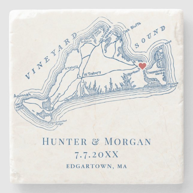 Edgartown MA Martha's Vineyard Blue Wedding Favour Stone Coaster (Front)