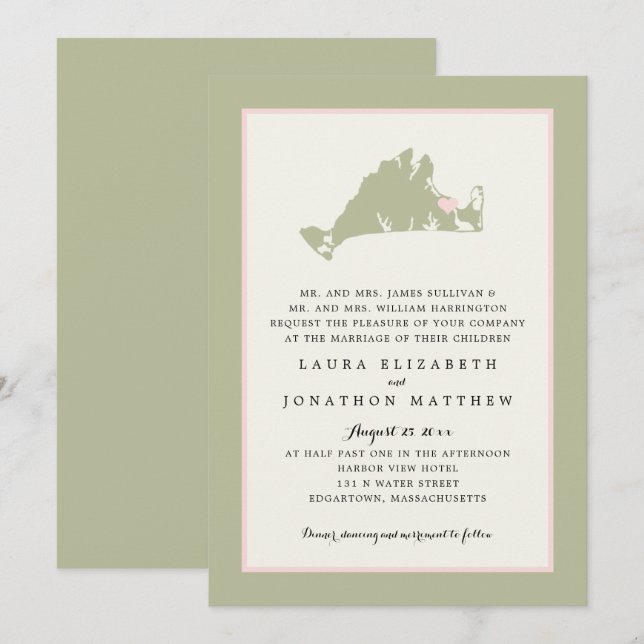EDGARTOWN Marthas Vineyard Pink Map Wedding Invitation (Front/Back)