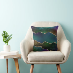 Edgy Agate   Dark Moody Jewel Tone Mystic Teal Cushion