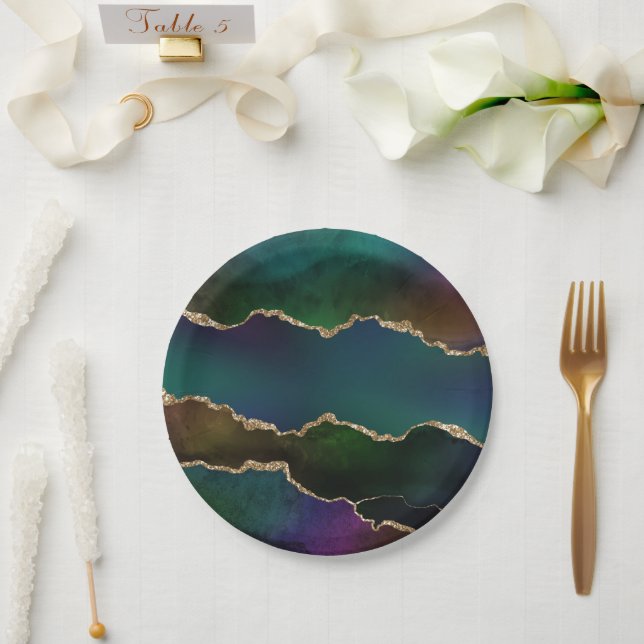 Edgy Agate | Dark Moody Jewel Tone Mystic Teal Paper Plate (Wedding)