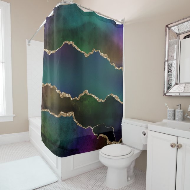 Edgy Agate | Dark Moody Jewel Tone Mystic Teal Shower Curtain (In Situ)