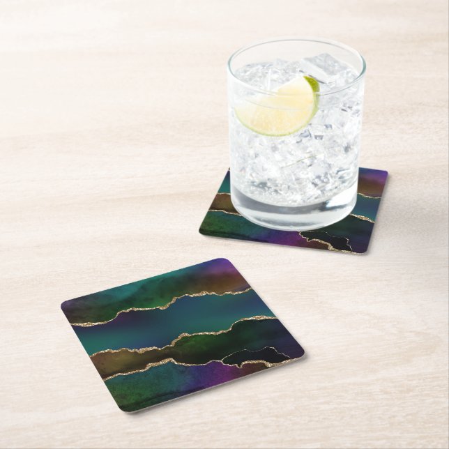 Edgy Agate | Dark Moody Jewel Tone Mystic Teal Square Paper Coaster (Insitu)