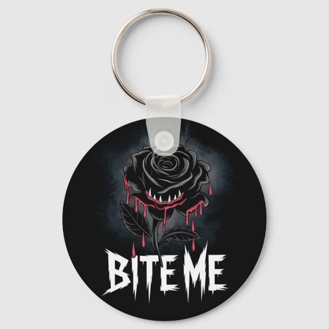 Edgy 'Bite Me' Gothic Rose Design  Key Ring (Front)