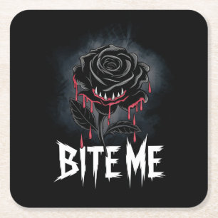 Edgy 'Bite Me' Gothic Rose Design Square Paper Coaster